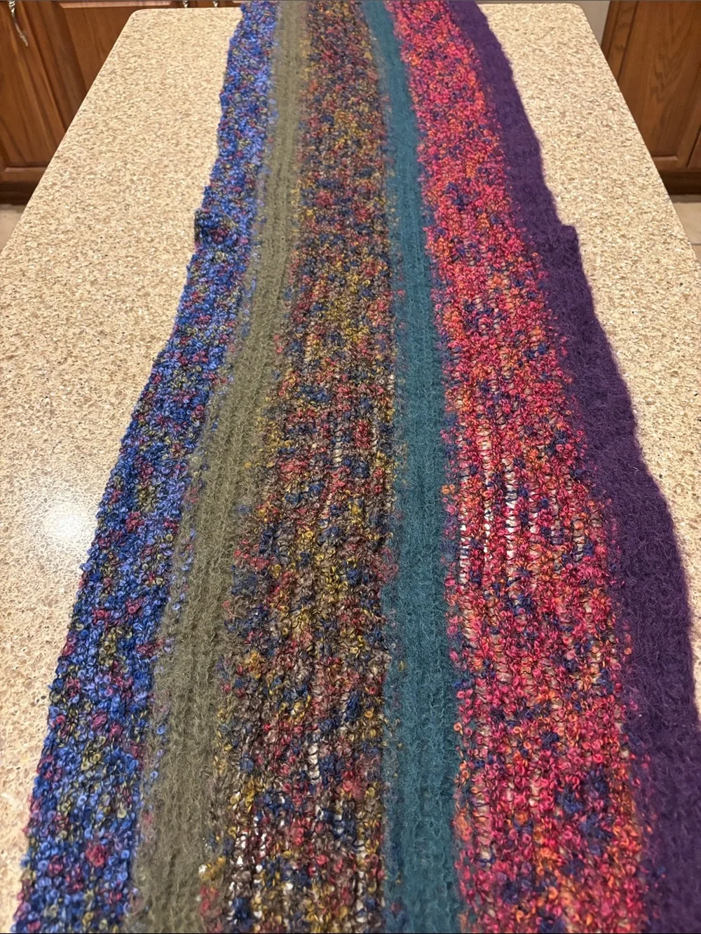 Multicolor Bouclé Knit Women's Scarf with Deep Purple & Teal Stripes